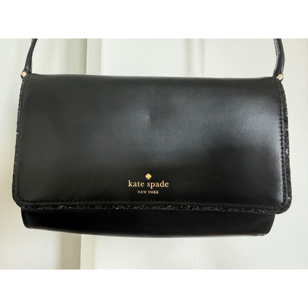 Kate Spade Black Leather Glitter Trim Crossbody Bag Gold Logo Evening Clutch